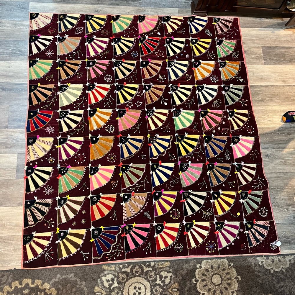 1903 HandMade Antique Crazy Quilt Colorful Patchwork with Fan Design 68X75